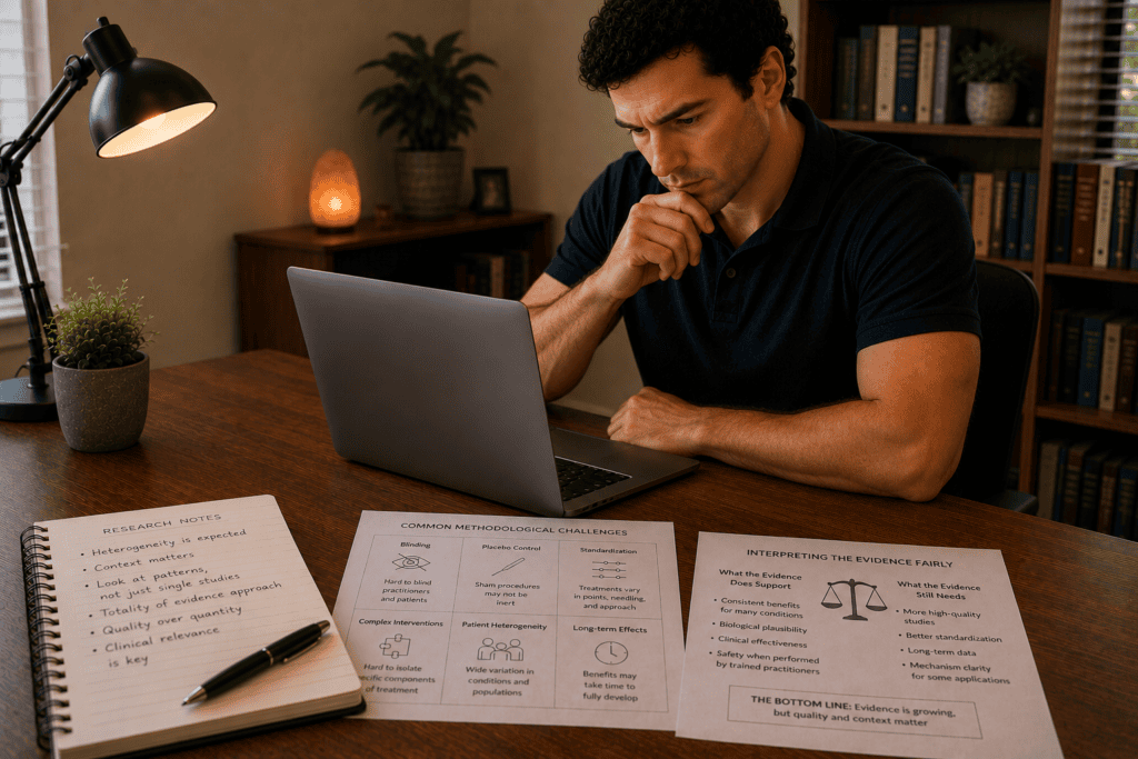 Researcher analyzing why some acupuncture studies show weaker results including sham acupuncture individual variation and treatment quality factors.
