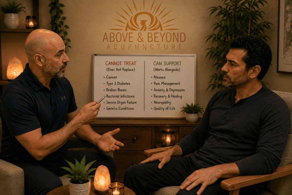 Licensed acupuncturist discussing with a patient the distinction between conditions acupuncture cannot treat and conditions where it can provide supportive care.