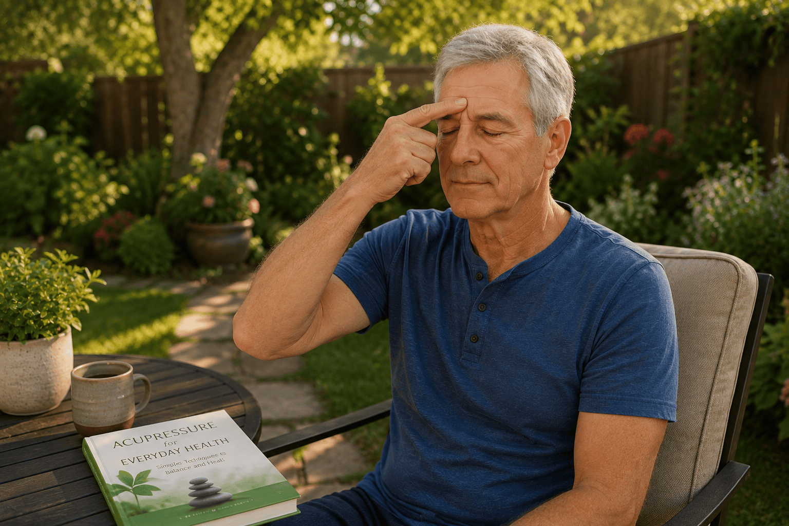 Man in his late 60s practicing Yintang acupressure between the eyebrows while relaxing in his backyard.