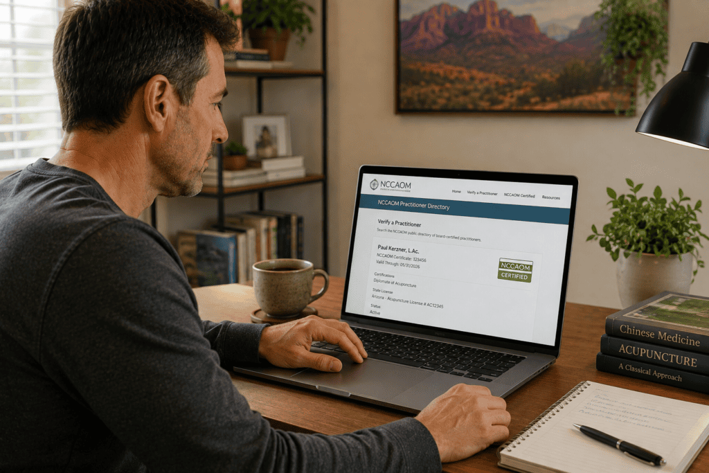Person checking an acupuncturist's certification on a laptop using an online practitioner directory.