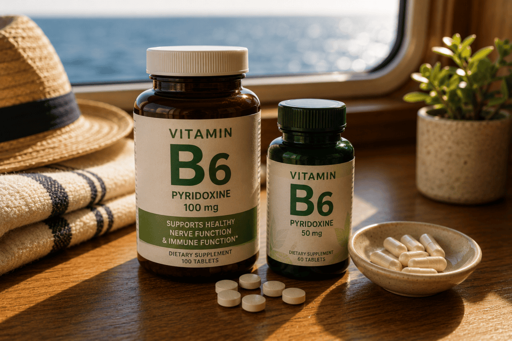 Vitamin B6 supplement bottles arranged as preventive support for sea sickness and motion sickness nausea.