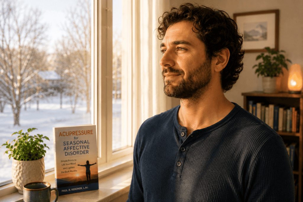 Person looking brighter, warmer, and more energized by a window in winter, calm and hopeful.
