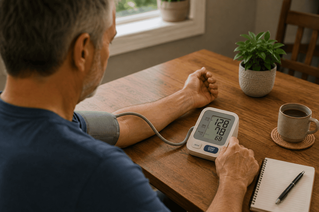 Person checking their blood pressure at home with a monitor on their upper arm.
