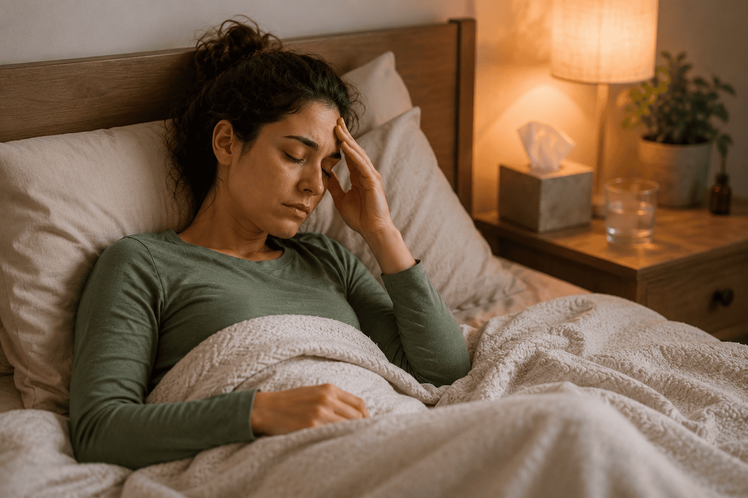 Woman resting in bed with her hand on her forehead while experiencing fatigue and discomfort associated with a healing crisis.