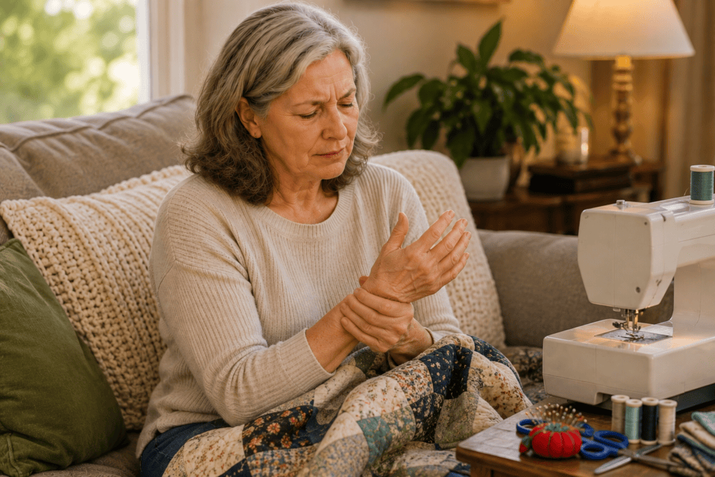 Older woman pausing from sewing a quilt to hold her painful, stiff hand due to arthritis.