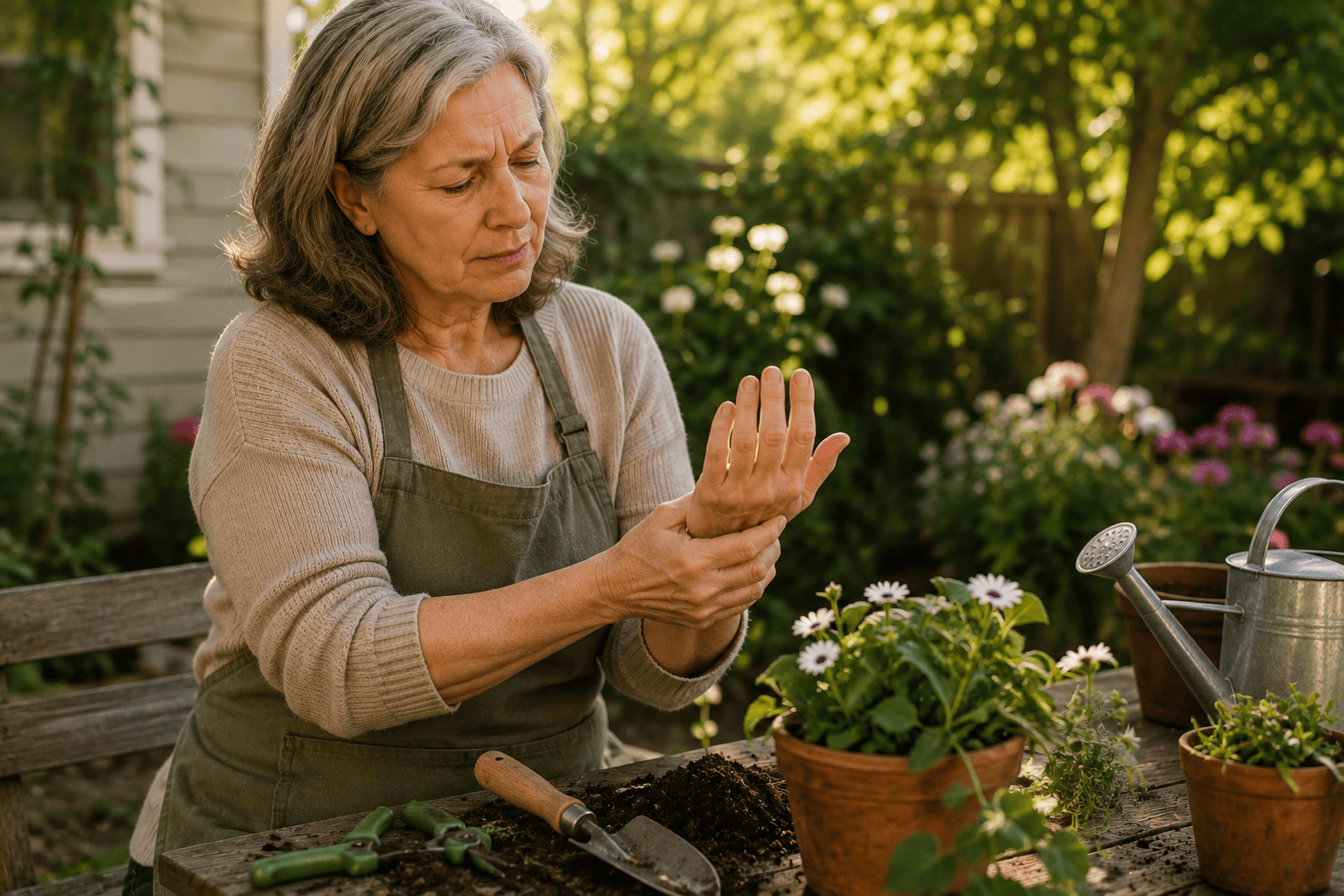Older woman pausing from gardening to hold her painful, stiff hand due to arthritis.