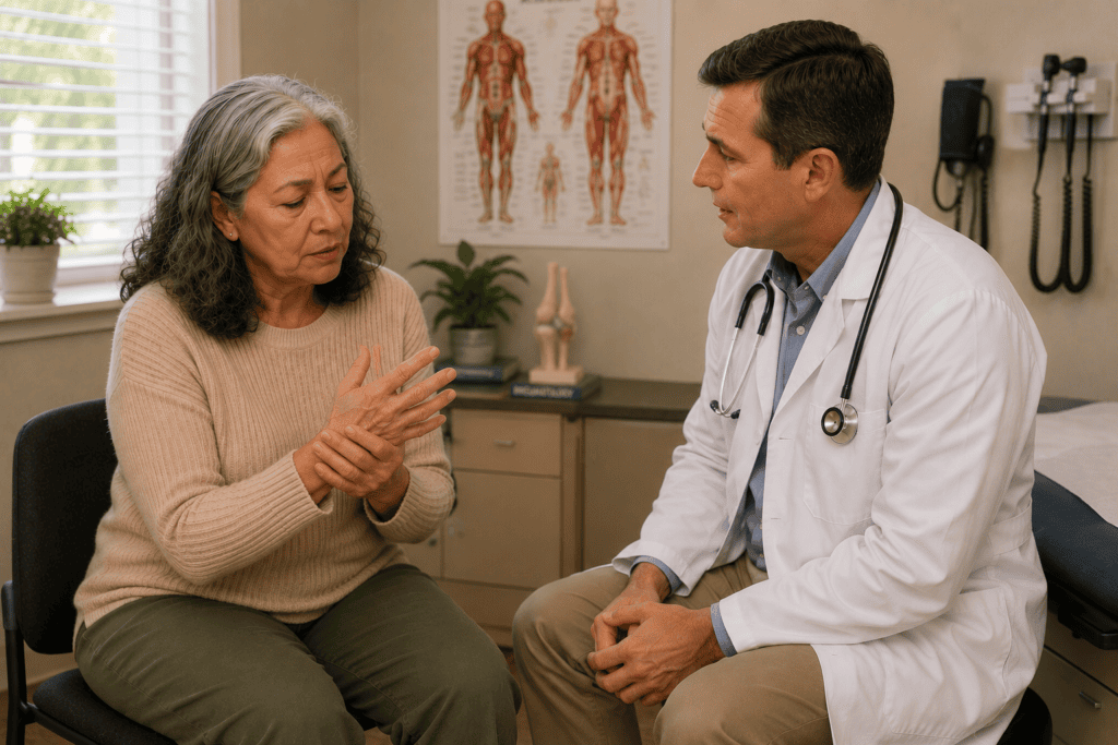Older woman holding her painful hands while discussing persistent arthritis symptoms with a physician.