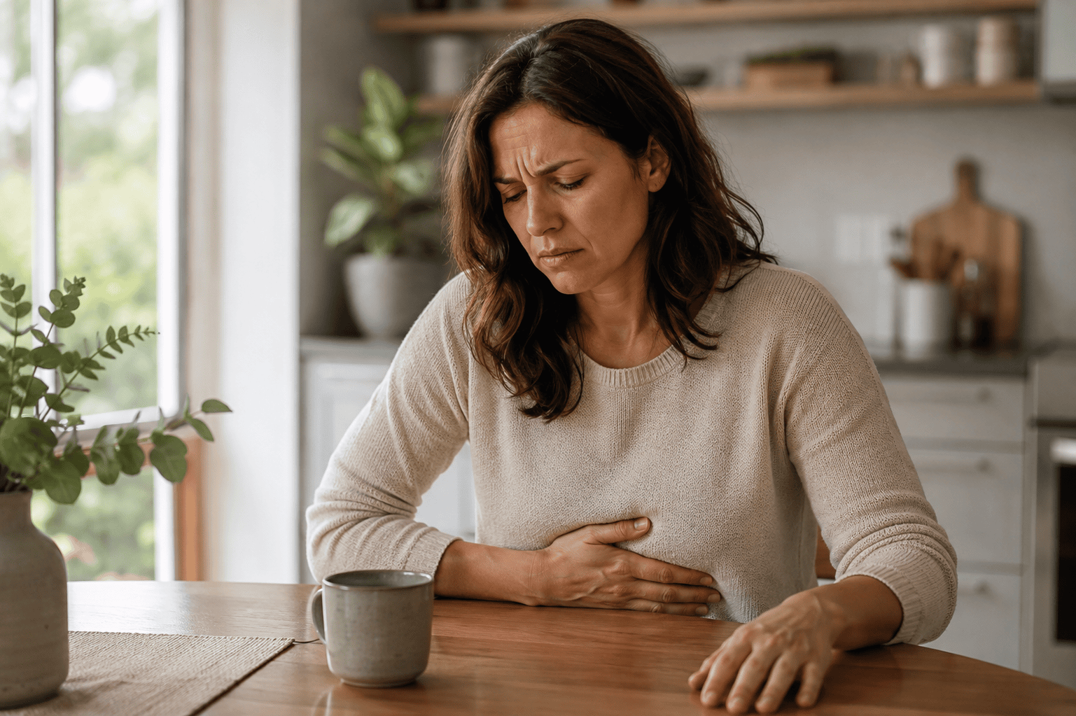 Woman sitting at a kitchen table holding her stomach while feeling emotionally upset and uncomfortable.