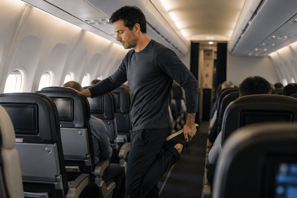 Traveler stretching their legs and calf during a long flight to stay comfortable.
