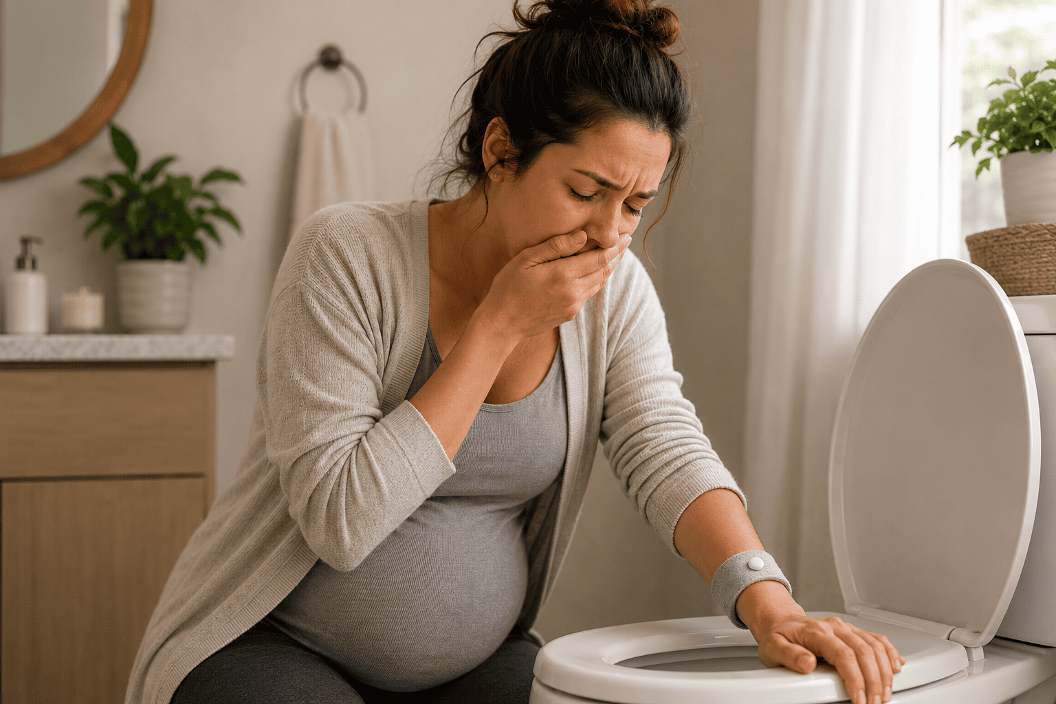 Pregnant woman in early pregnancy leaning over the toilet at home while experiencing a wave of morning sickness.