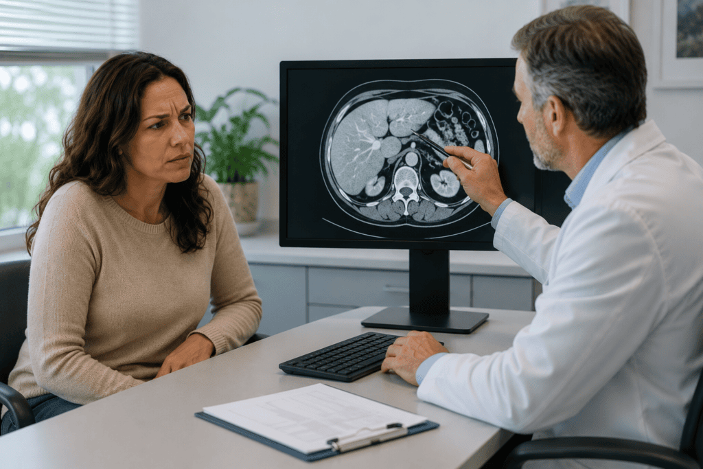 Physician reviewing abdominal imaging with a woman whose digestive symptoms continue despite normal testing.
