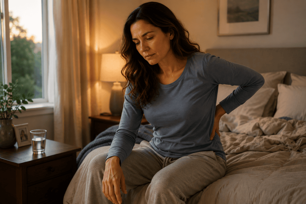 Woman experiencing stress, fatigue, and back tension at home, illustrating interconnected health concerns.