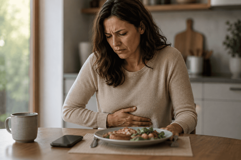 Woman experiencing sudden stomach discomfort after becoming emotionally upset while sitting at a table.