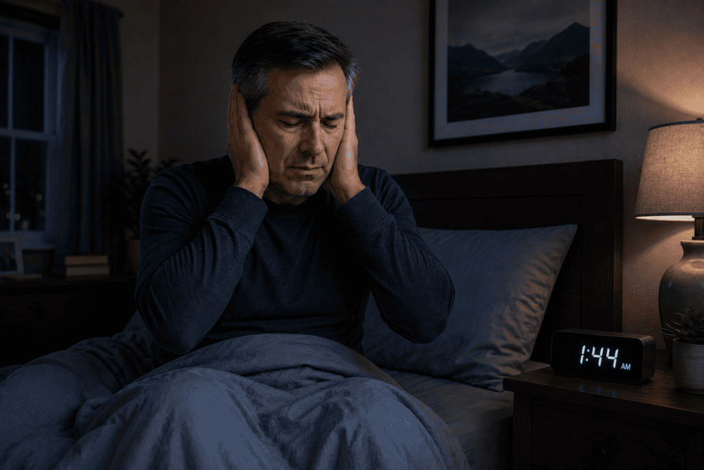 Man sitting upright in bed at 1:44 a.m. covering both ears as loud tinnitus prevents him from sleeping.