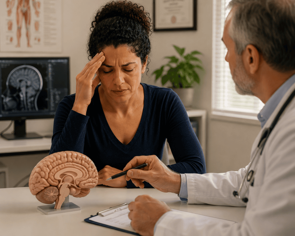 Woman consulting with a physician about severe migraine symptoms during a medical evaluation in a clinic.