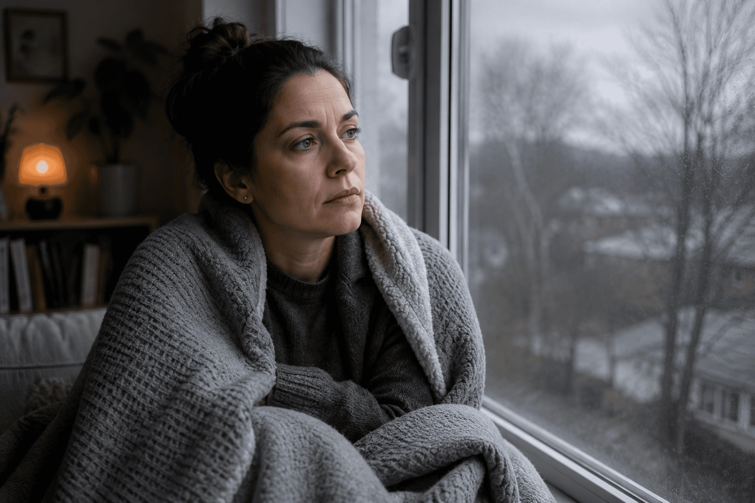 Person wrapped in a blanket by a window on a gray winter day, looking tired and low.