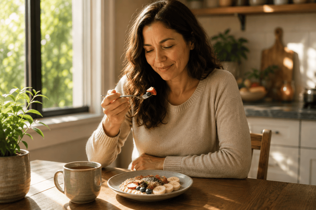 Woman comfortably enjoying breakfast at home with a relaxed expression and no visible stomach discomfort.