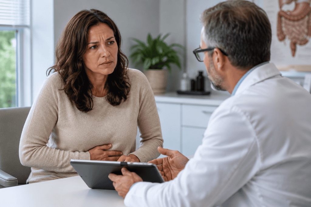 Woman discussing persistent stomach problems with a physician after medical testing has not found a clear cause.