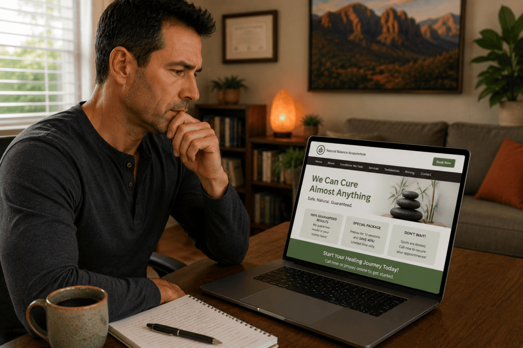 Person pausing thoughtfully while reviewing an acupuncture clinic's website, considering whether claims seem trustworthy.