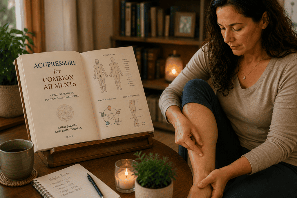 Open acupressure book showing body-system diagrams and channels beside a person locating a point on their leg.