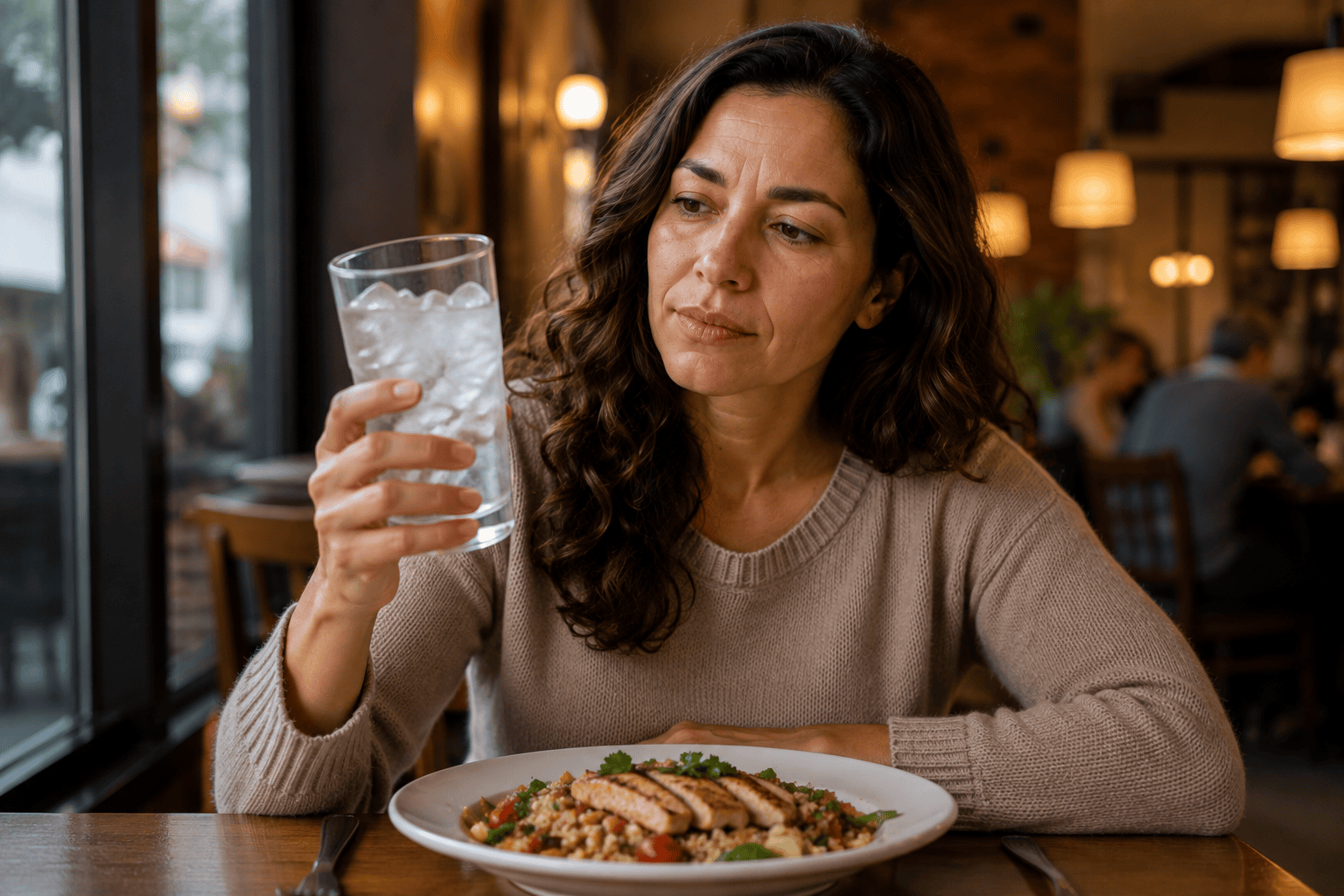 Woman at a restaurant looking thoughtfully at a glass of ice water beside her meal.