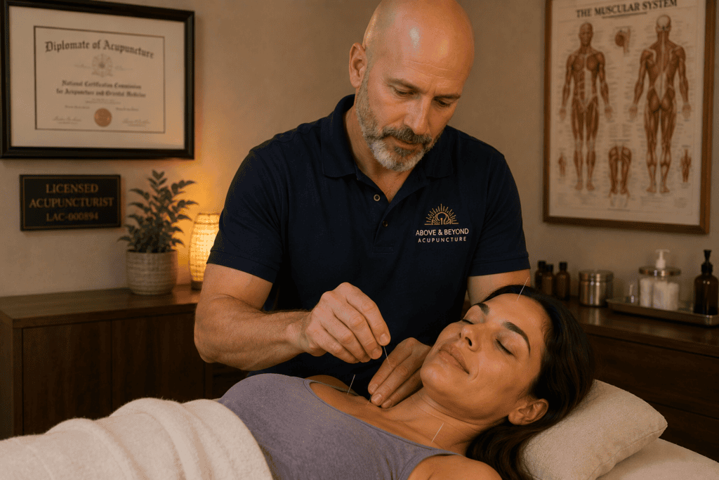 Licensed acupuncturist demonstrating careful, precise needle technique reflecting extensive anatomical training.