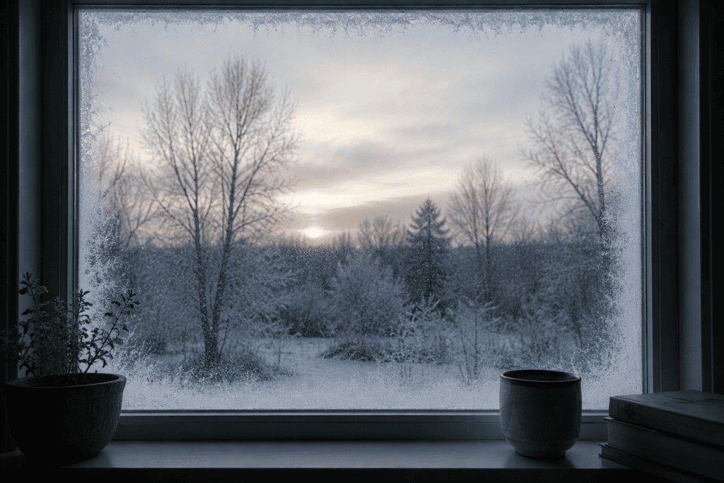 Quiet winter scene through a frosted window, bare trees under a pale sky.