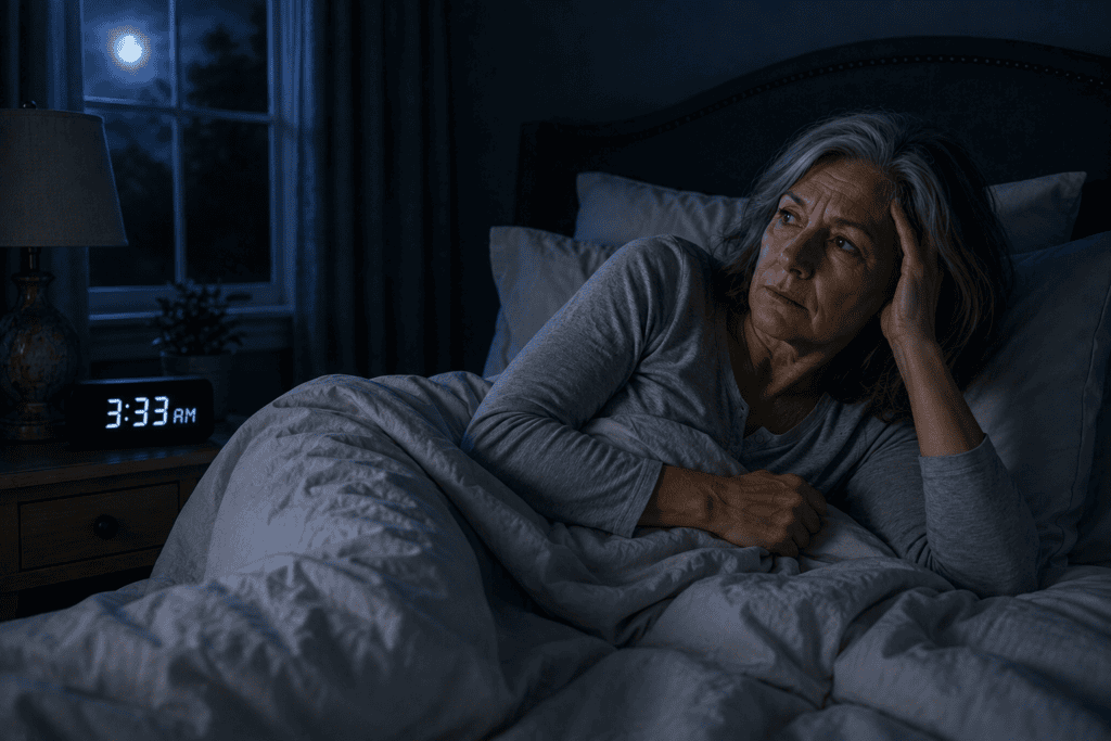 Woman in her early 60s lying awake and restless in bed at 3:33 AM after waking in the middle of the night.