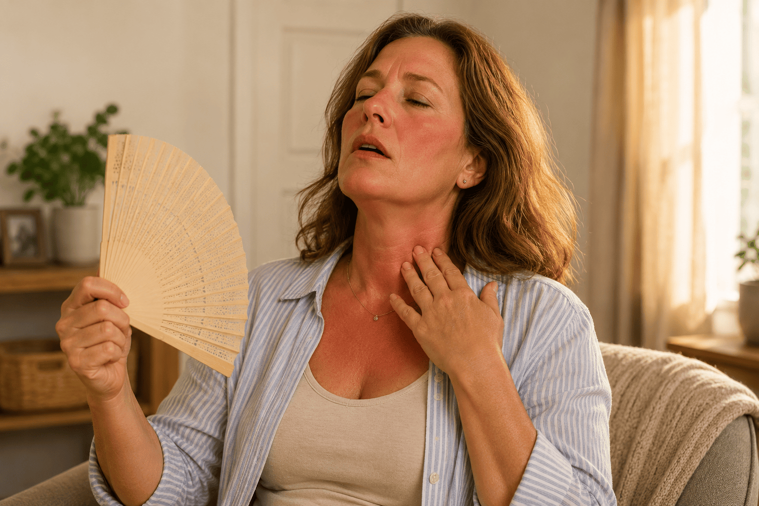 Woman in perimenopause or menopause experiencing a hot flash, fanning herself as a wave of heat rises through her chest and face.