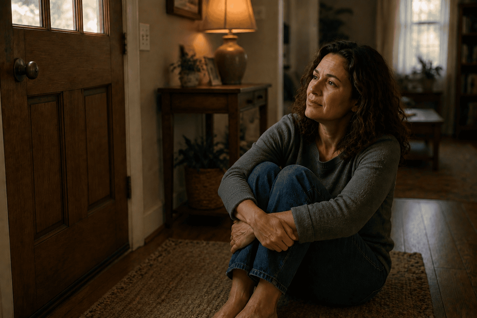 Woman sitting quietly near her front door feeling stuck and uncertain about taking the next step forward in her daily life.
