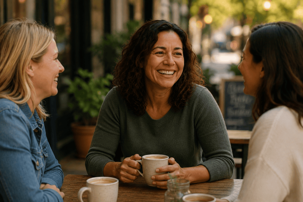 Woman enjoying coffee and conversation with friends after overcoming the feeling of being stuck and moving forward with her daily life.