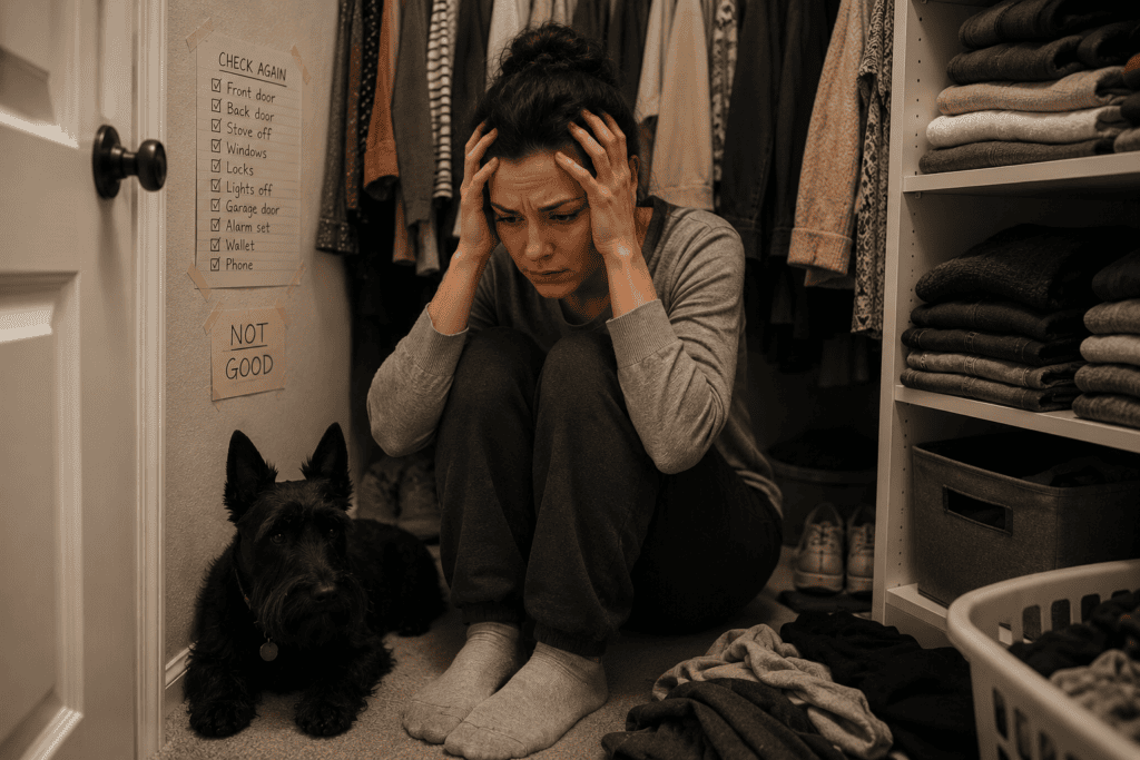 Woman in her bedroom closet sitting on the floor with her hands against her head, overwhelmed by OCD obsessions and compulsions, while her Scottish Terrier stays beside her.