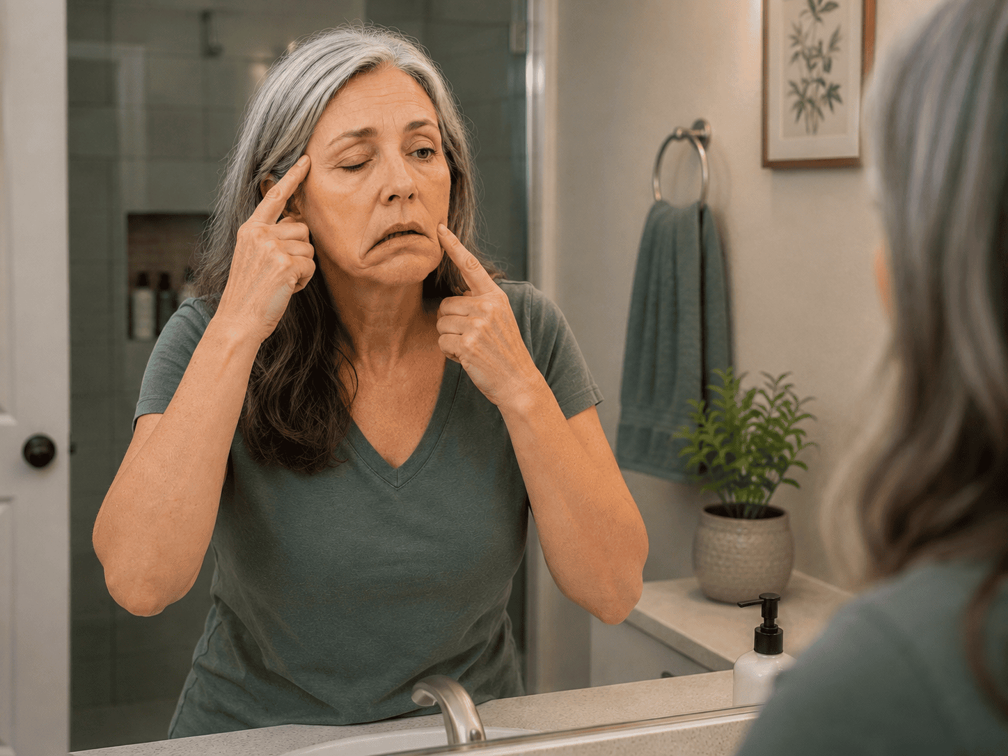 Woman with Bell’s palsy practicing facial acupressure while standing at her bathroom mirror.