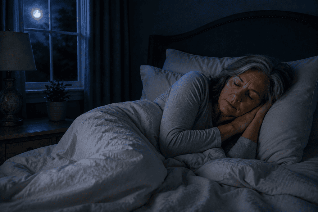 Woman in her early 60s curled up comfortably in bed and sleeping deeply after struggling with waking during the night.
