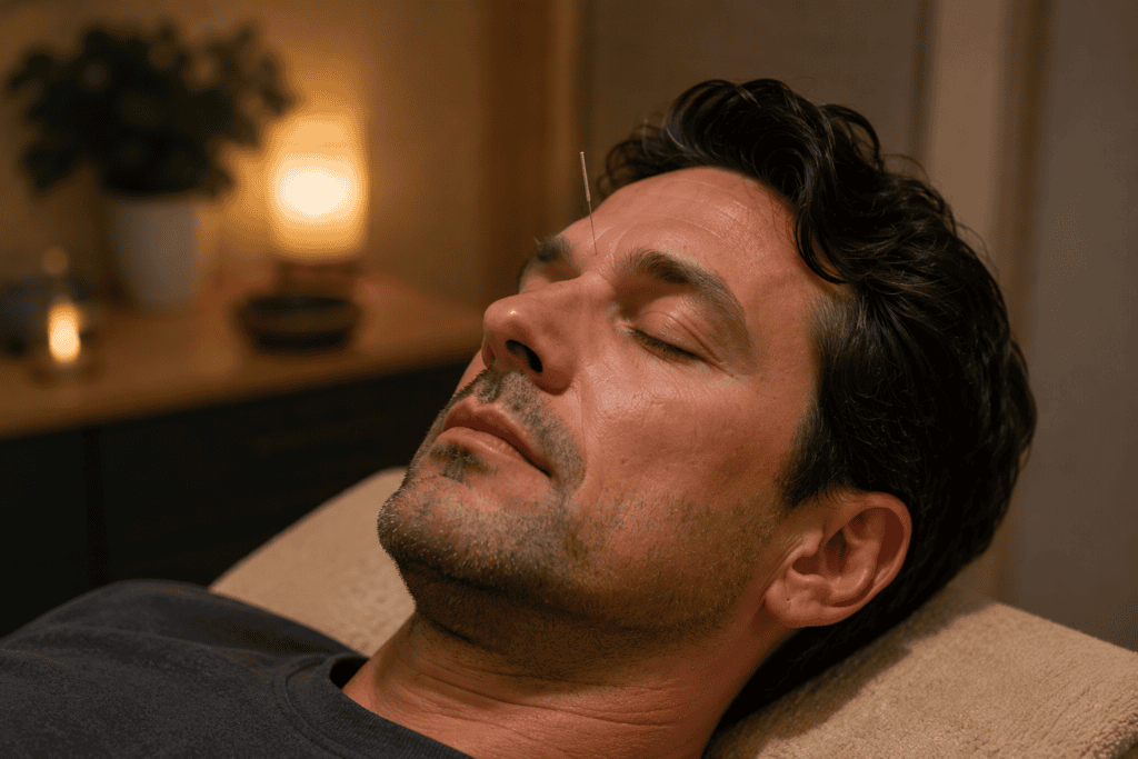 Close-up of a fine acupuncture needle at the point between the eyebrows during treatment.