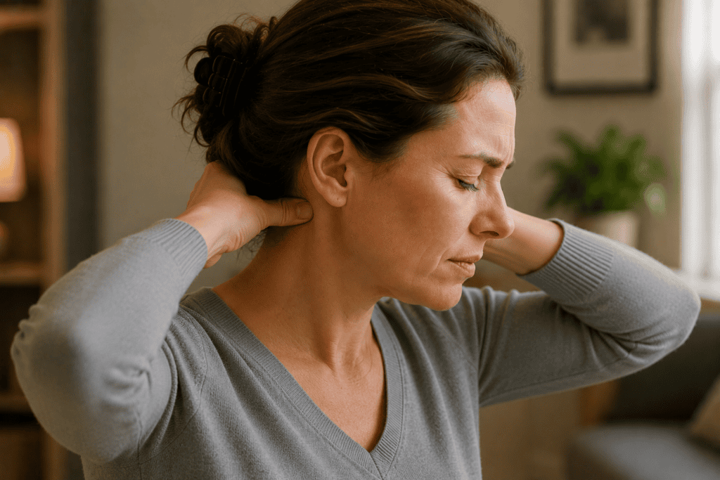 Person pressing both thumbs into the base of the skull with eyes closed to ease an occipital headache.