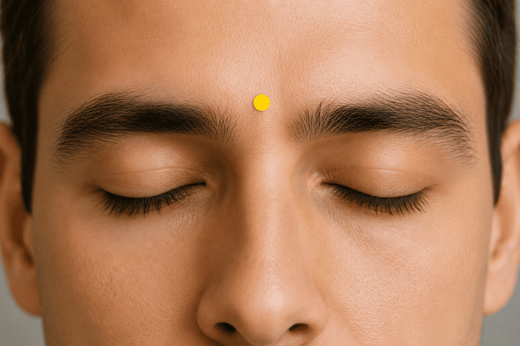 Close-up of a face with a yellow dot marker in the small hollow between the eyebrows above the bridge of the nose, indicating the location of Yintang.