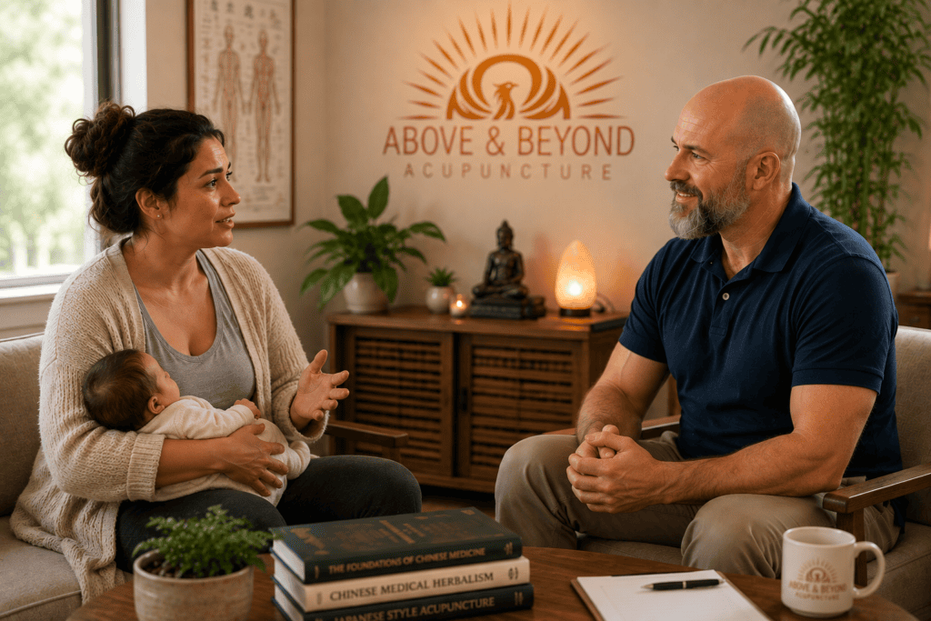 New mother talking openly with a compassionate healthcare provider in a bright office.
