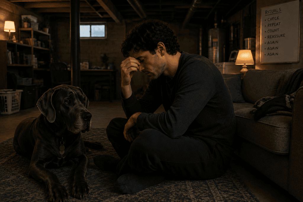 Young man in his late 20s sitting on the floor of his basement beside a Great Dane while experiencing an intense episode of OCD-related anxiety and intrusive thoughts.