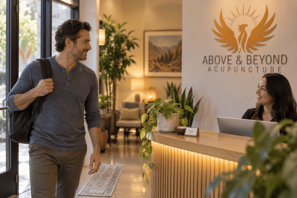 Person arriving calmly at a warm, welcoming acupuncture clinic for cluster headache treatment.