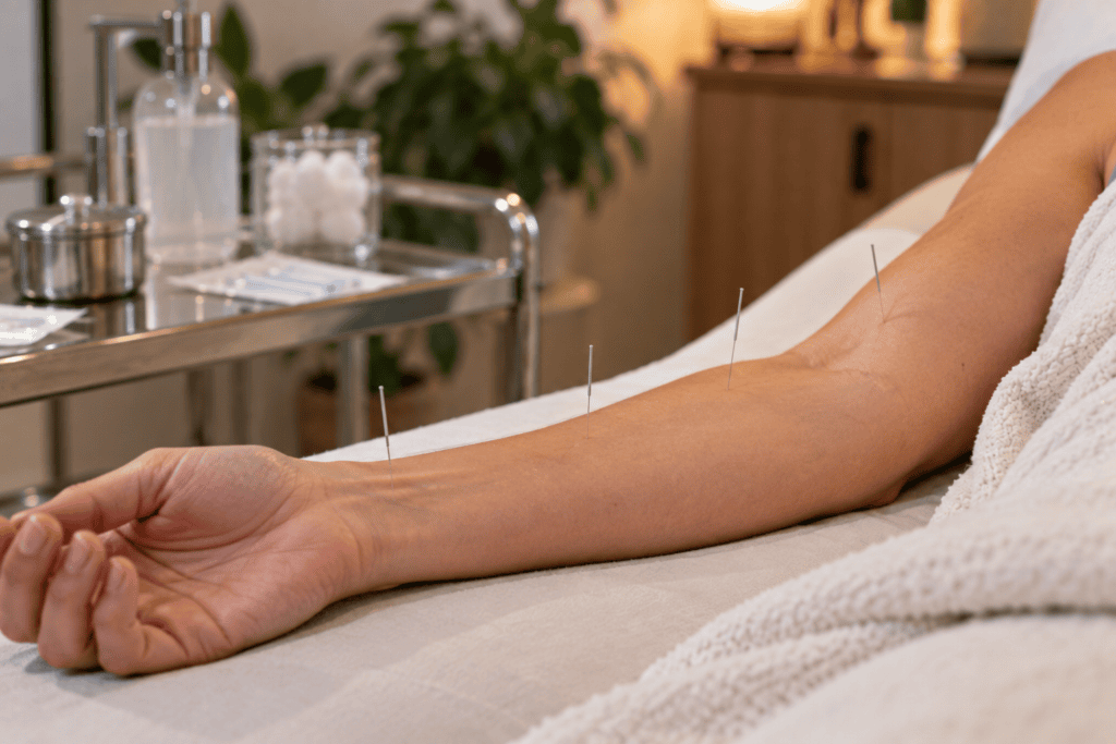 Close-up of fine acupuncture needles placed at points on a relaxed person's arm during treatment.