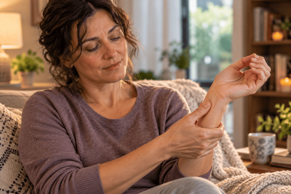 Person gently pressing the inner wrist with a light, soft touch to soothe fibromyalgia symptoms.