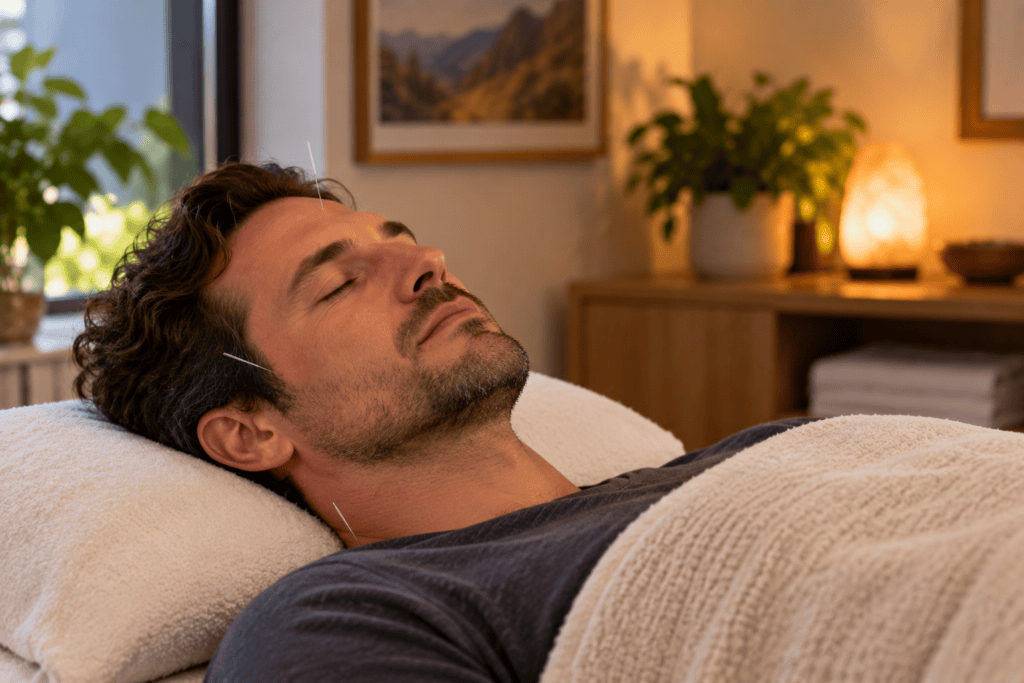 Person relaxed during an acupuncture treatment for cluster headache prevention, eyes closed.