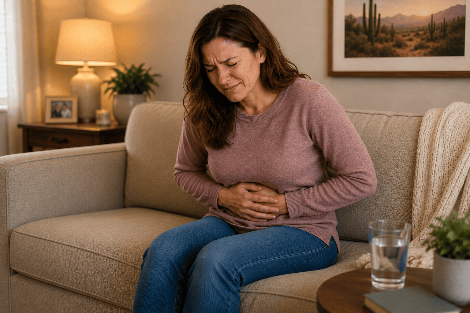 Person sitting on a couch with hands on their stomach, looking mildly uncomfortable with a glass of water nearby.