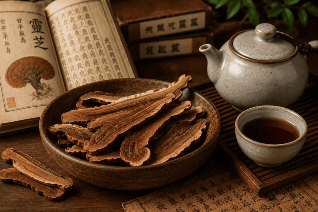 Dried reishi slices in a wooden bowl beside a ceramic teapot and cup in a traditional herbal setting.