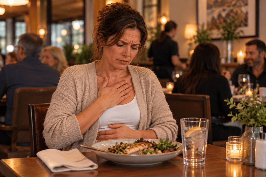 Woman experiencing acid reflux while eating a meal at a restaurant.