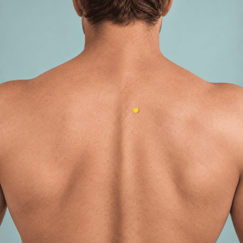 Close-up of the upper back with yellow dot markers one and a half thumb-widths to each side of the spine between the shoulder blades, indicating BL12.