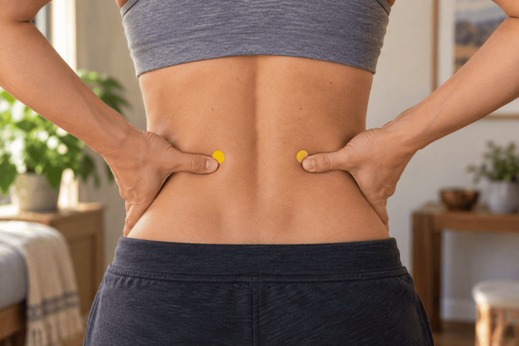 Close-up of a lower back with yellow dot markers two finger-widths to each side of the spine at waist level, indicating BL23.