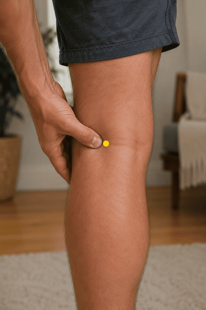 Close-up of the back of a knee with a yellow dot marker in the center of the knee crease, indicating BL40.