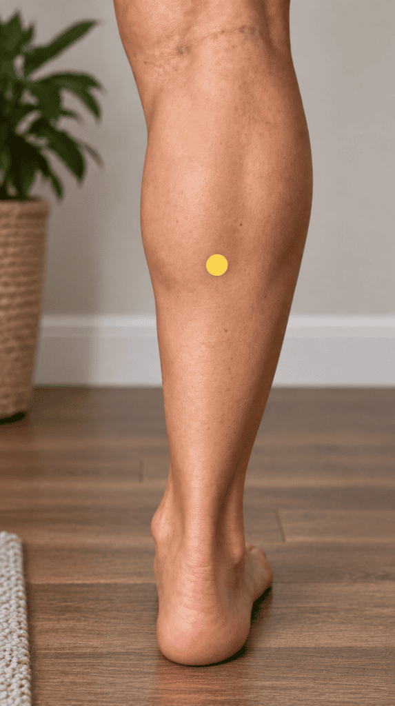 Close-up of the back of a lower leg with a yellow dot marker where the calf muscle meets the Achilles tendon, indicating BL57.